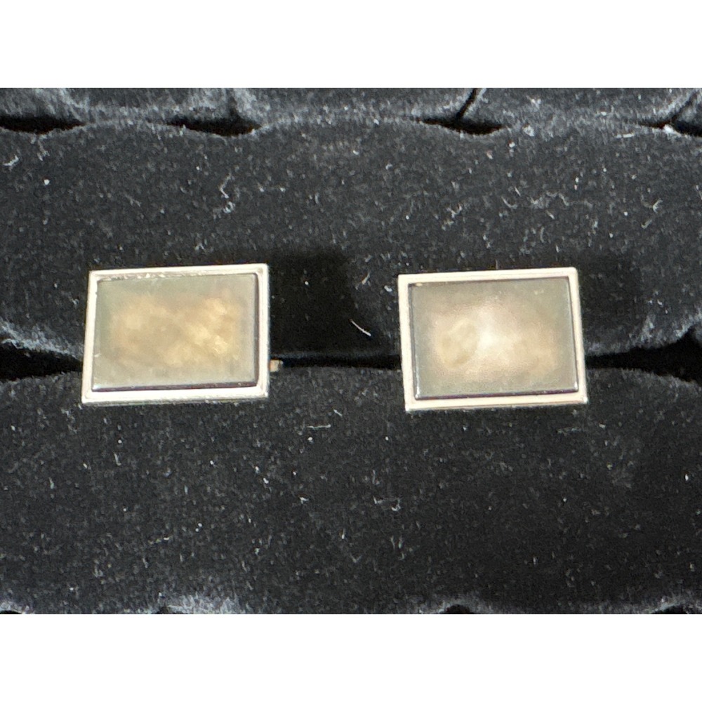 Vintage Swank Mens Rectangular Silver Tone Smokey Gray Stone Inlay Cufflinks